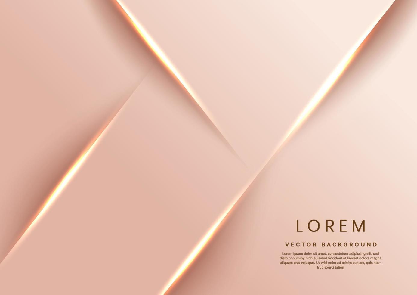 Abstract 3d template rose gold background with gold lines diagonal sparking with copy space for text. Luxury style. vector