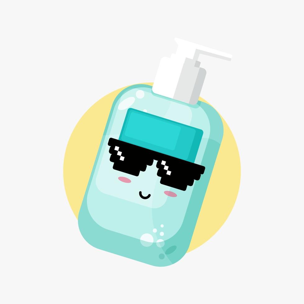 Cute hand sanitiser wearing pixel glasses vector