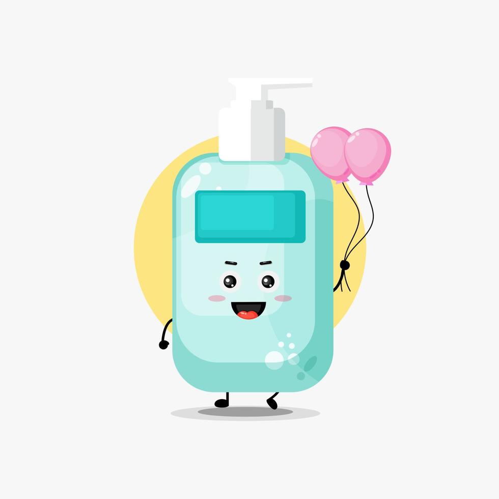 Illustration of cute hand sanitiser character carrying balloon vector