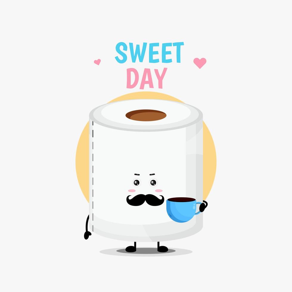 Cute toilet paper character with coffee cup vector