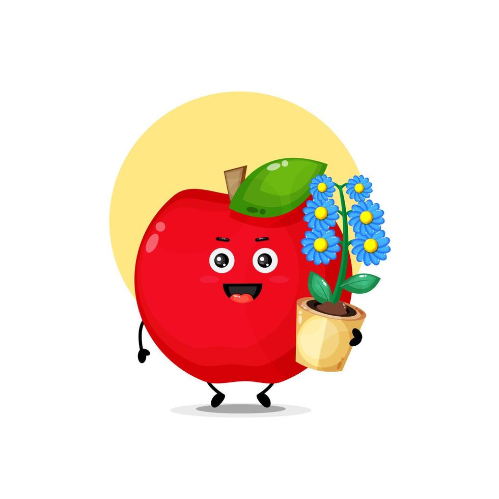 Cute red apple character carrying flowers vector