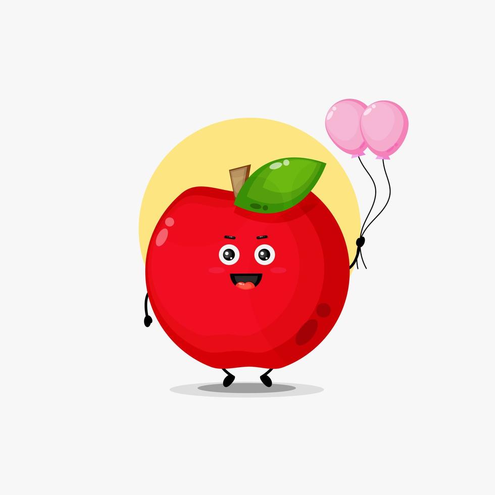 Cute red apple character carrying balloon vector