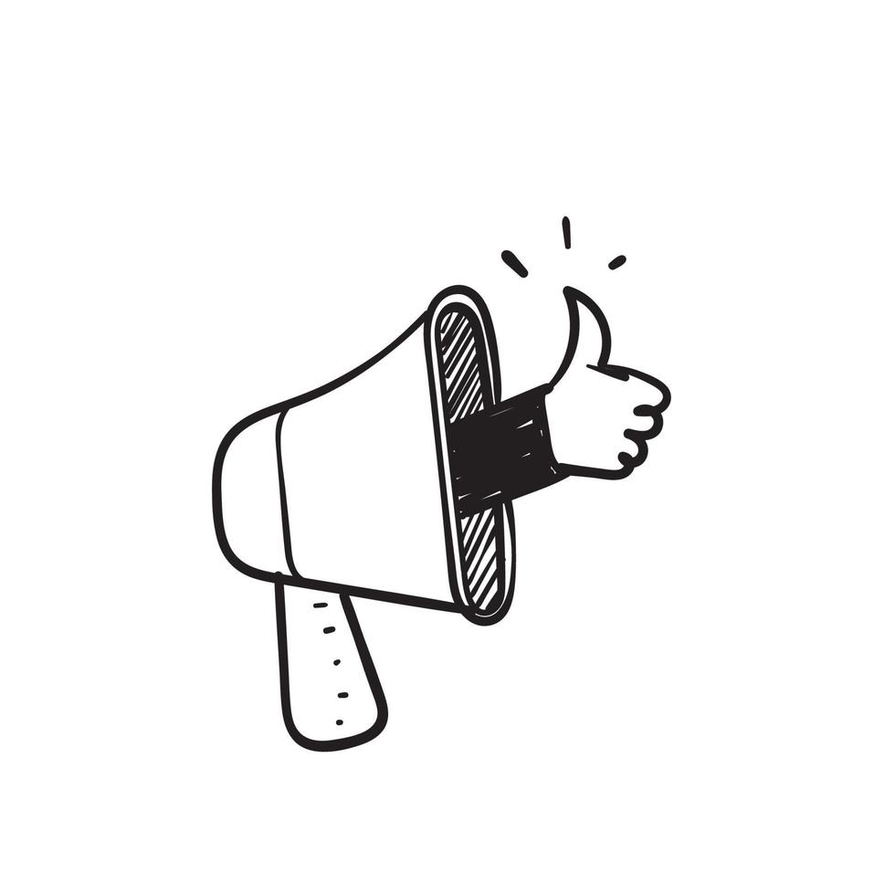 hand drawn doodle megaphone with thumb up gesture symbol for like illustration vector