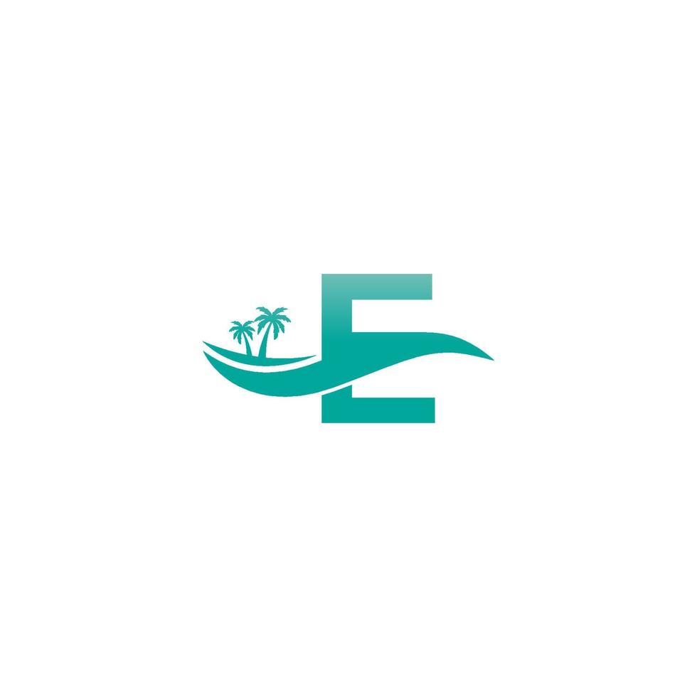 diseño de icono de onda de agua y árbol de coco con logotipo de letra e vector