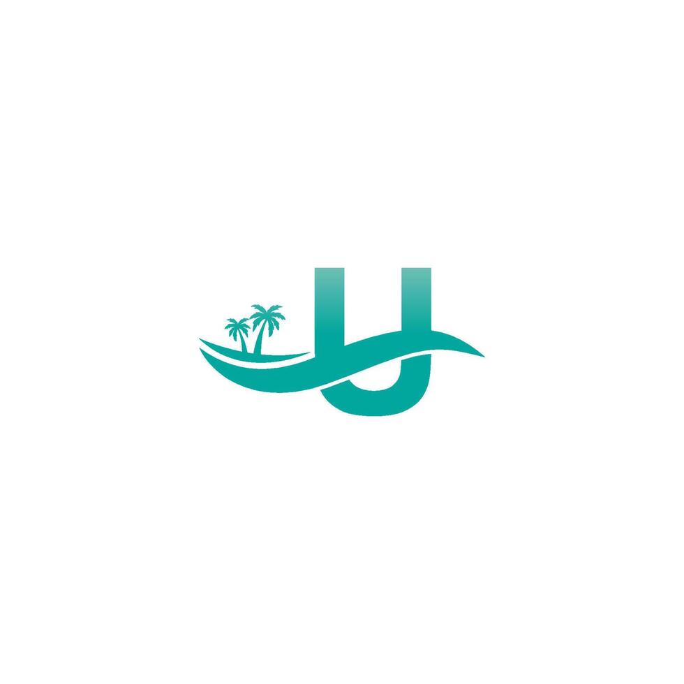 letra u logo cocotero y diseño de icono de onda de agua vector