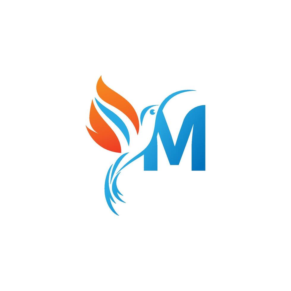 letra m combinada con el logotipo del icono del colibrí del ala de fuego vector