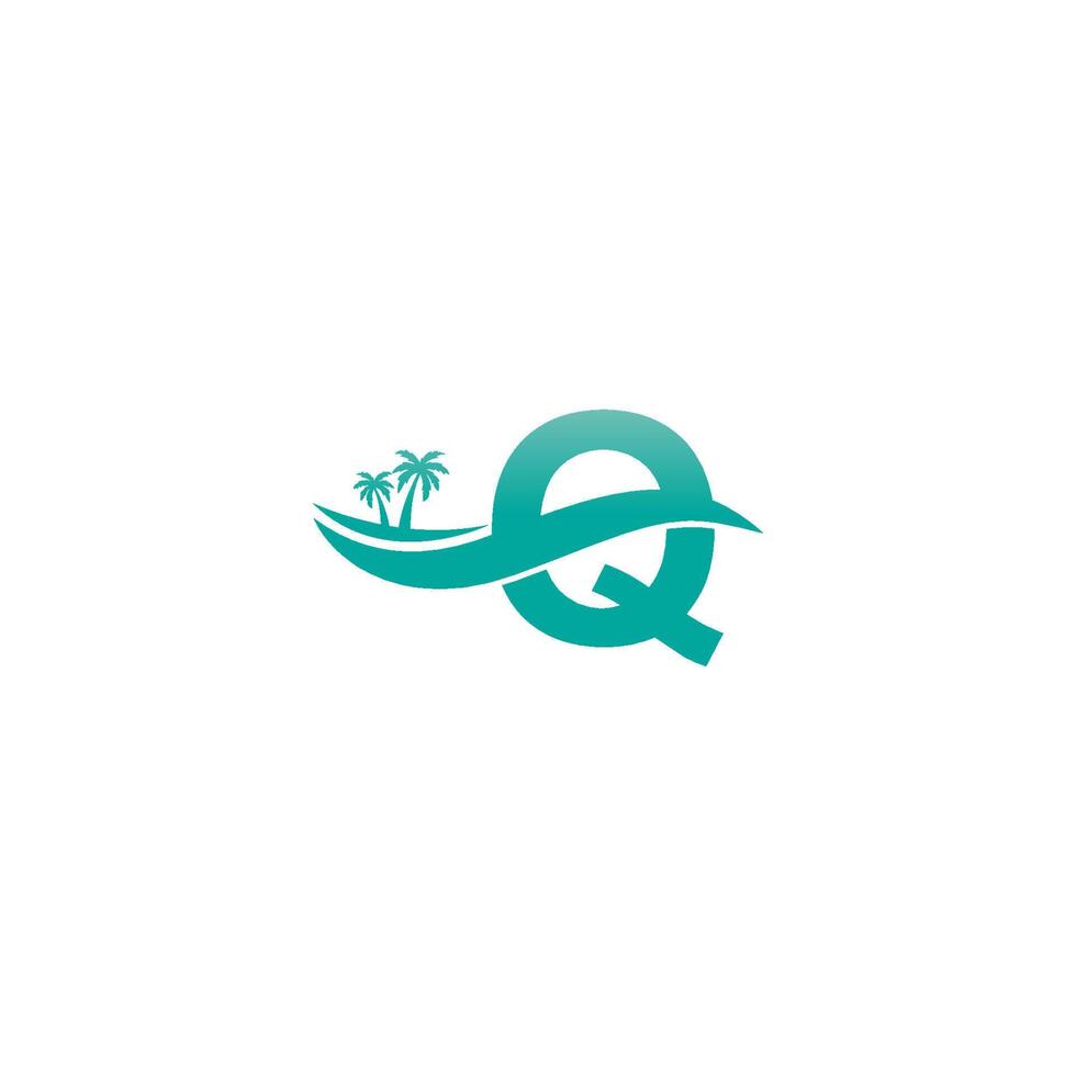 diseño de icono de onda de agua y árbol de coco con logotipo de letra q vector