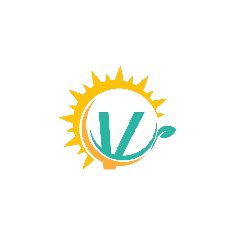 logotipo de icono de letra v con hoja combinada con diseño de sol vector