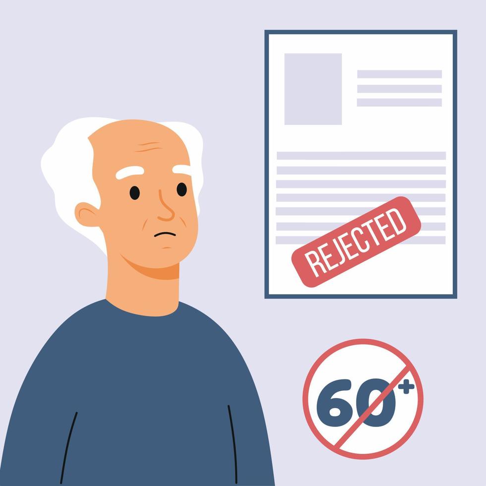 Sad senior man. Refusal to accept job. Age discrimination. Ageism. vector