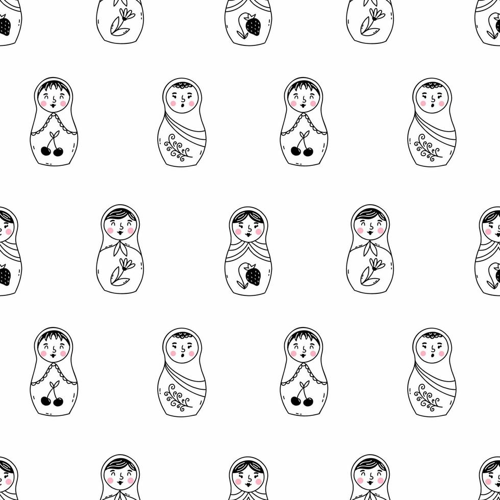 Russian matryoshka doll in doodle style. Seamless background for sewing clothes and printing on fabric. Packing paper. vector