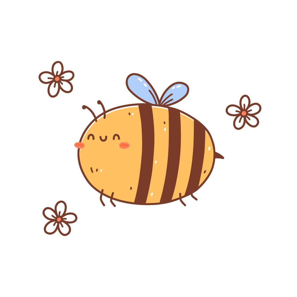 Cute flying bee among flowers isolated on white background. Vector hand-drawn illustration in kawaii style. Perfect for cards, print, t-shirt, poster, decorations, logo, various designs.