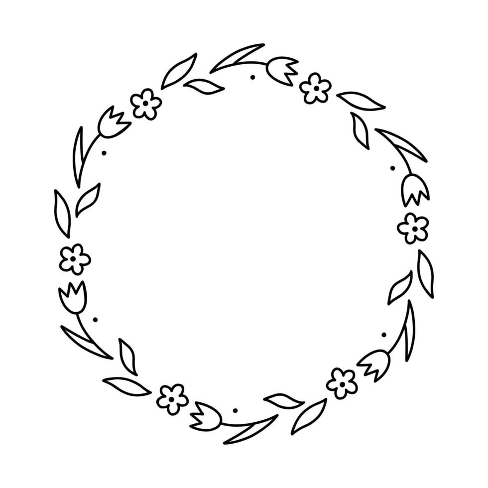Spring floral wreath isolated on white background. Round frame with flowers. Vector hand-drawn illustration in doodle style. Perfect for cards, invitations, decorations, logo, various designs.