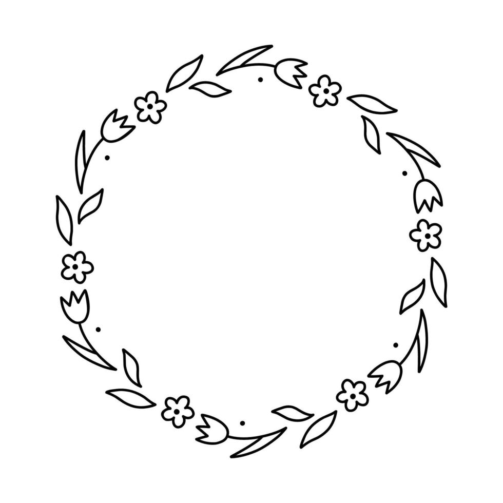 Spring floral wreath isolated on white background. Round frame with flowers. Vector hand-drawn illustration in doodle style. Perfect for cards, invitations, decorations, logo, various designs.