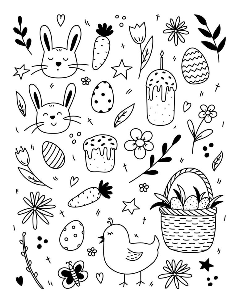 Set of Easter design elements. Cute faces of rabbits and a chick, festive Easter eggs in a basket, Easter cakes, spring twigs, flowers, carrots. Vector hand-drawn illustration in doodle style.