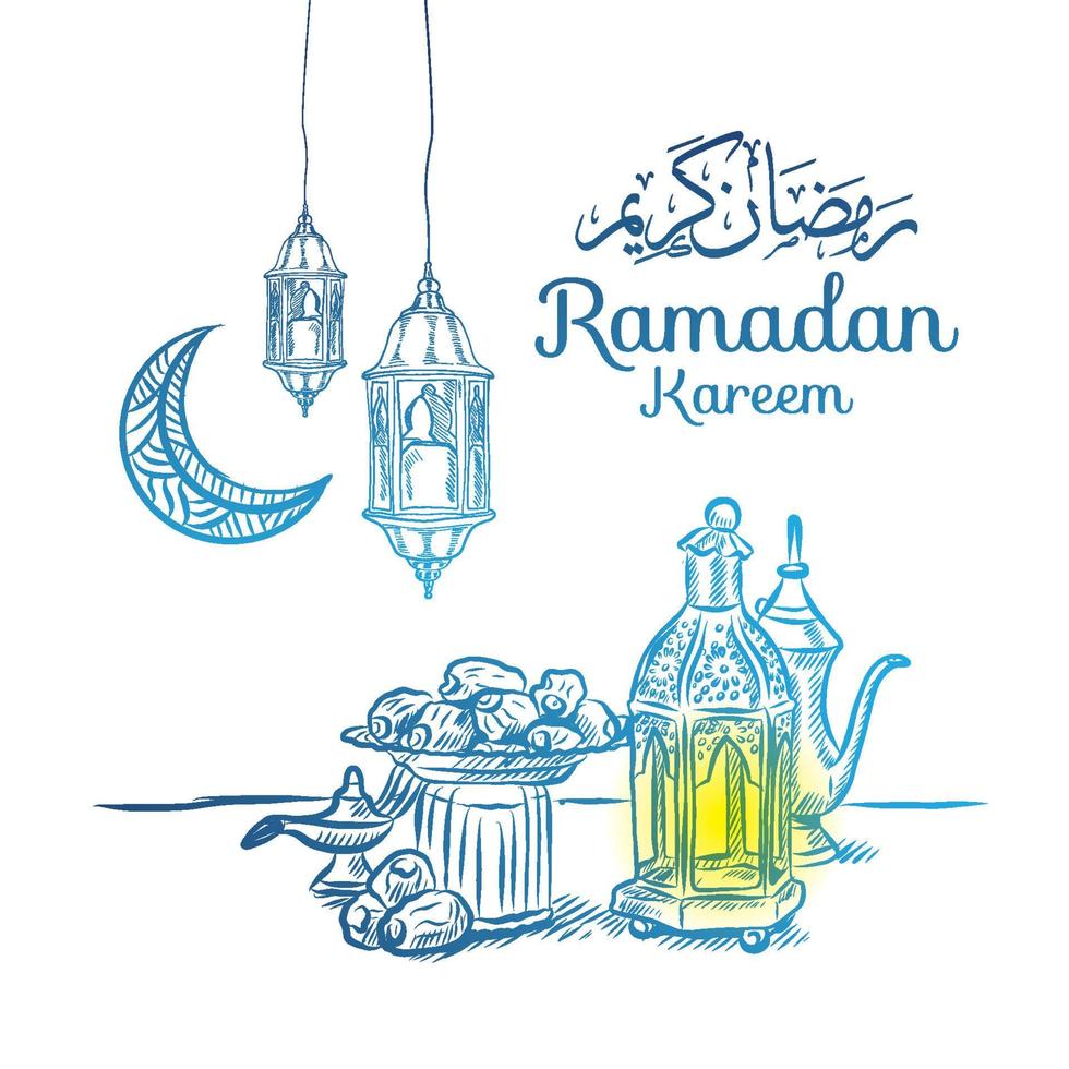 ramadan doodle invitation card and greeting banner. vector