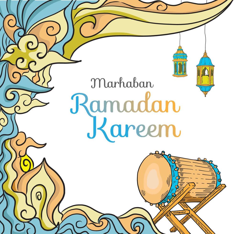 tarjeta de invitación de doodle ramadán y pancarta de saludo. vector