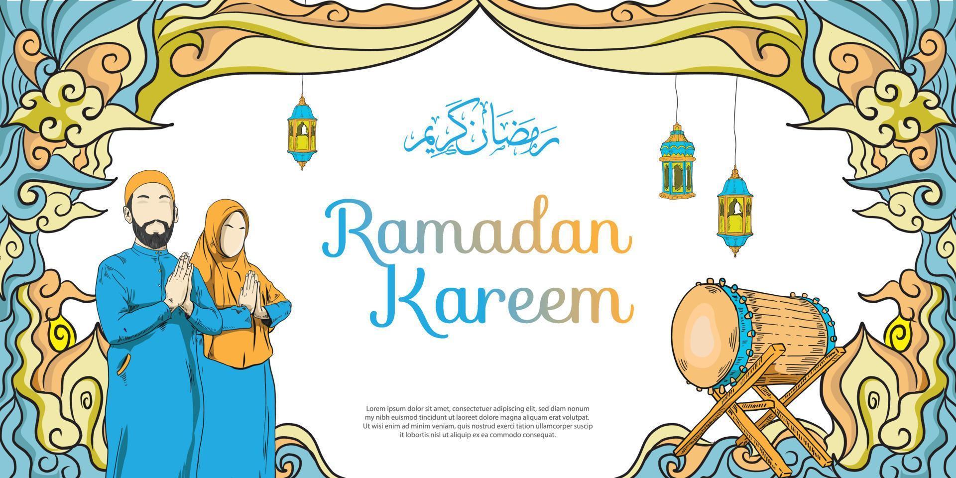ramadan doodle invitation card and greeting banner. vector