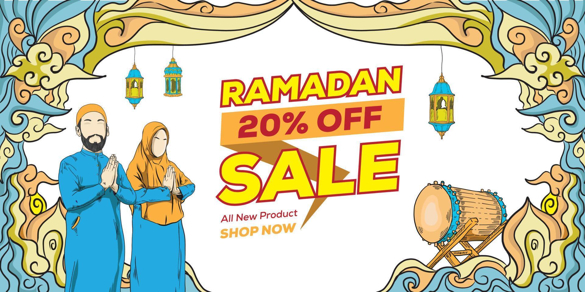 ramadan doodle invitation card and greeting banner. vector