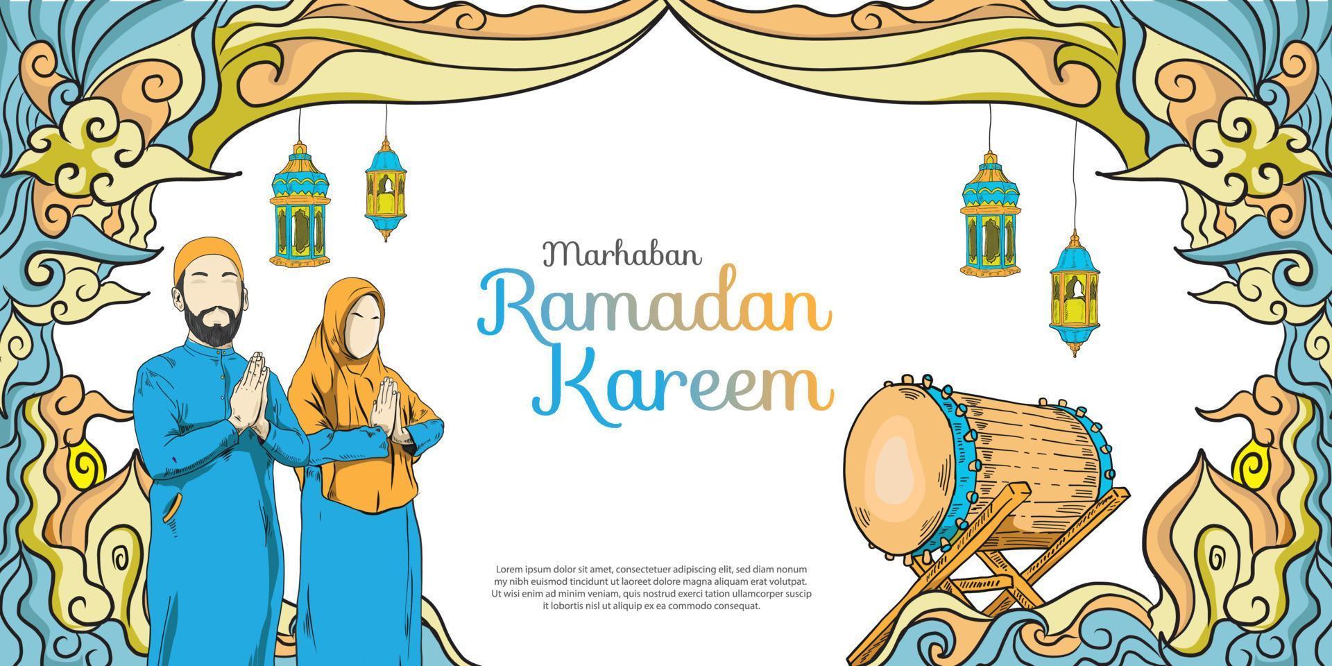 ramadan doodle invitation card and greeting banner. vector