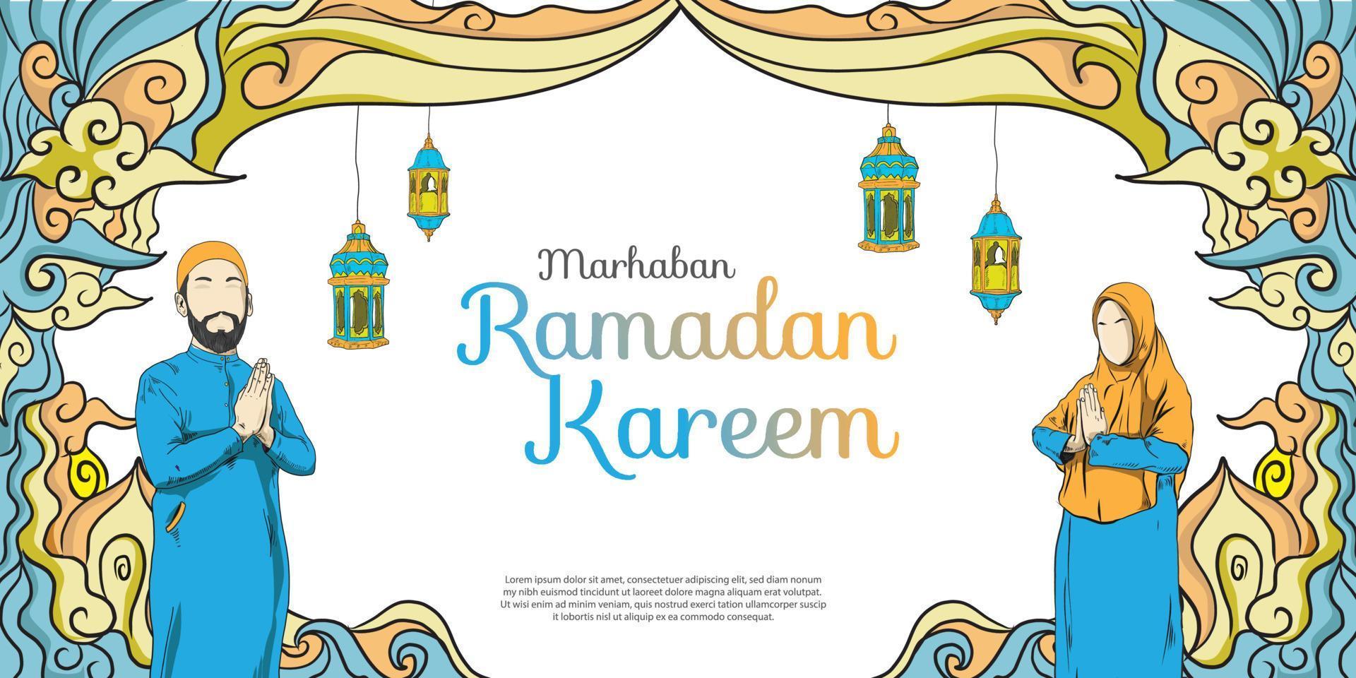 ramadan doodle invitation card and greeting banner. vector