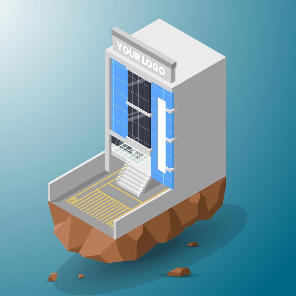 Isometric building and rock illustration vector