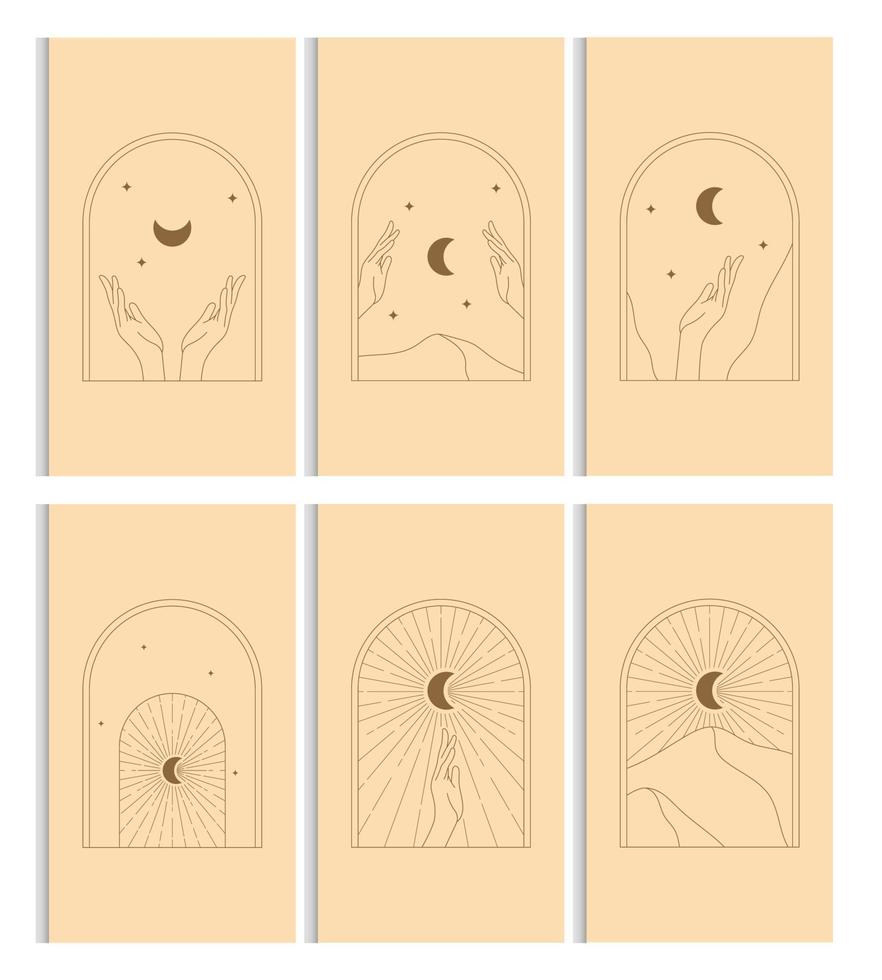 Line art moons and hands boho logo collection vector