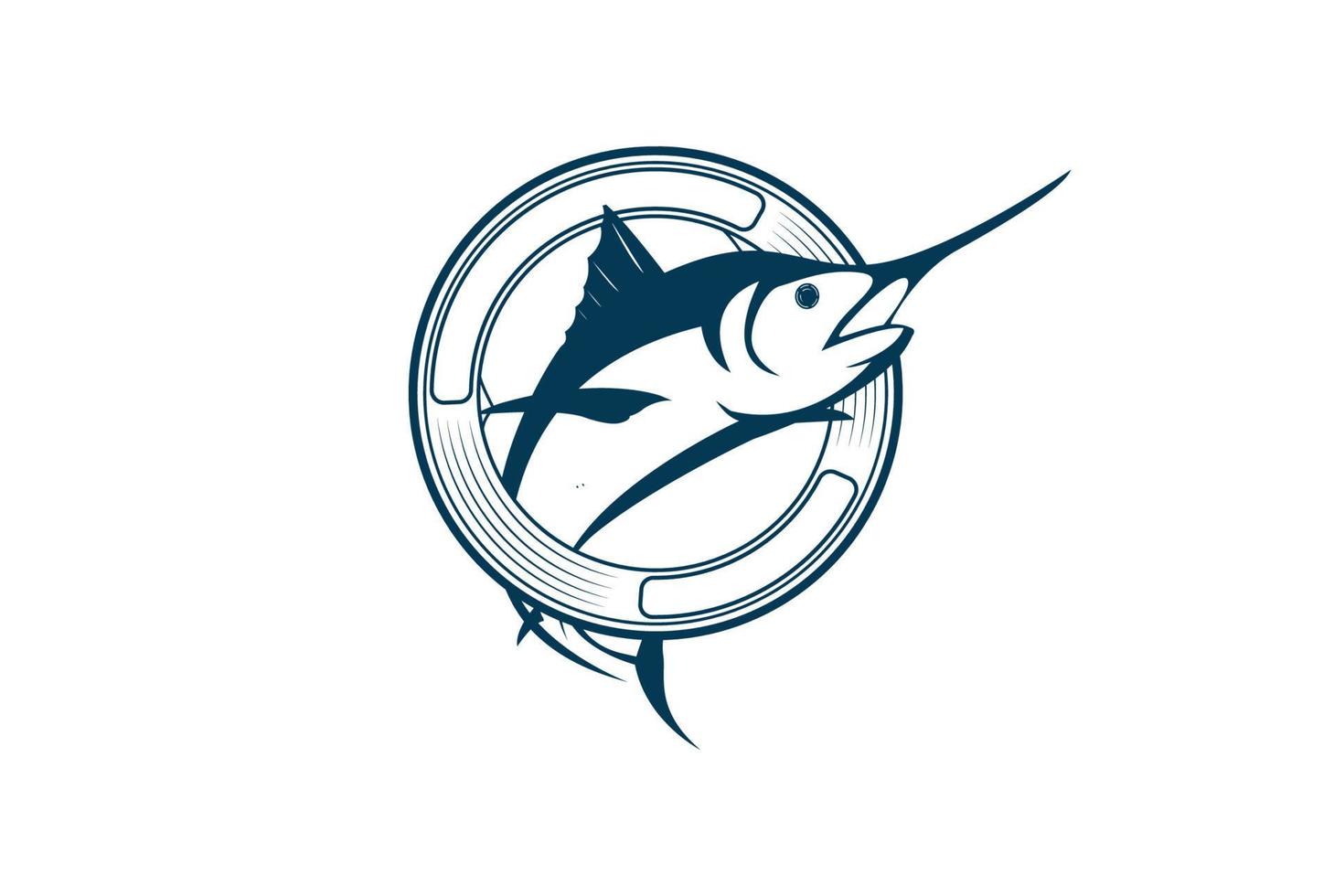 circular redondo saltando marlin espada pez insignia emblema etiqueta para el vector de diseño del logotipo del club de pescadores