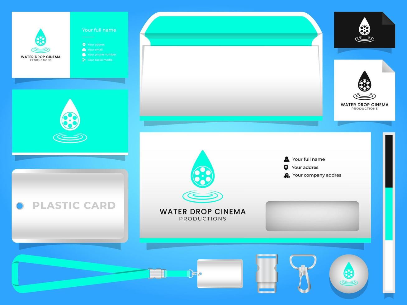 Water drop cinema logo with company business stationery template vector