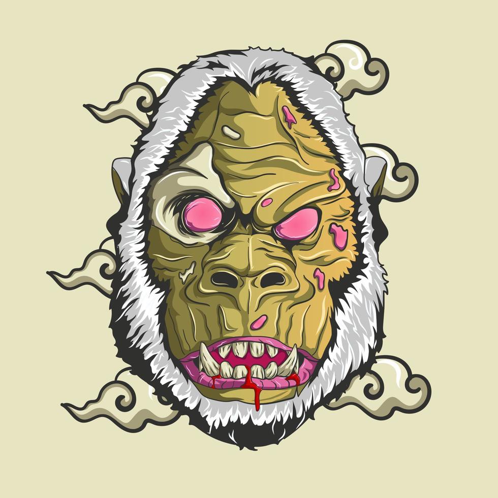 zombie gorilla head with oriental clouds vector