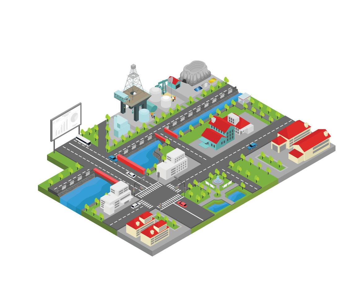 ilustración de un mapa de la ciudad con sitio minero en estilo isométrico vector