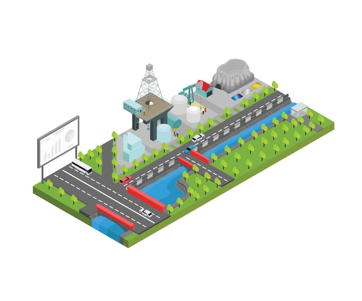 Illustration of a mining site near a river in isometric style vector