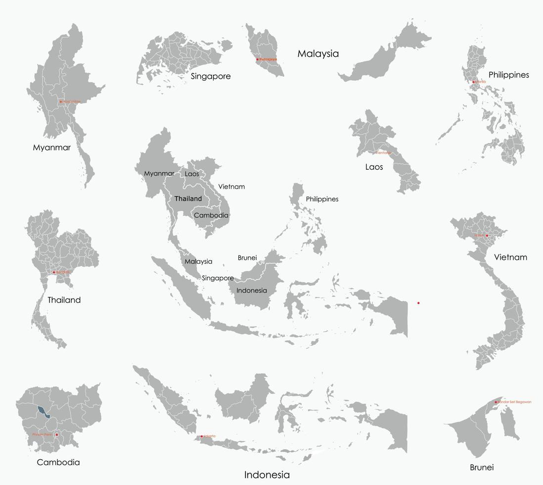 mapa de dibujo a mano alzada de los países del sudeste asiático. vector