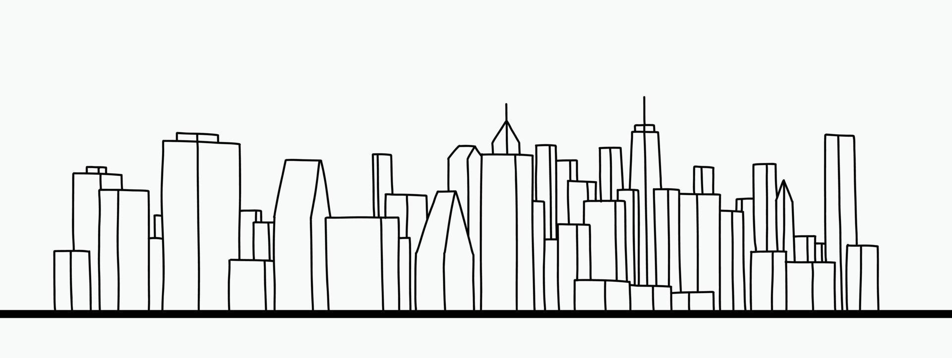 Modern cityscape skyline outline doodle drawing on white background. vector