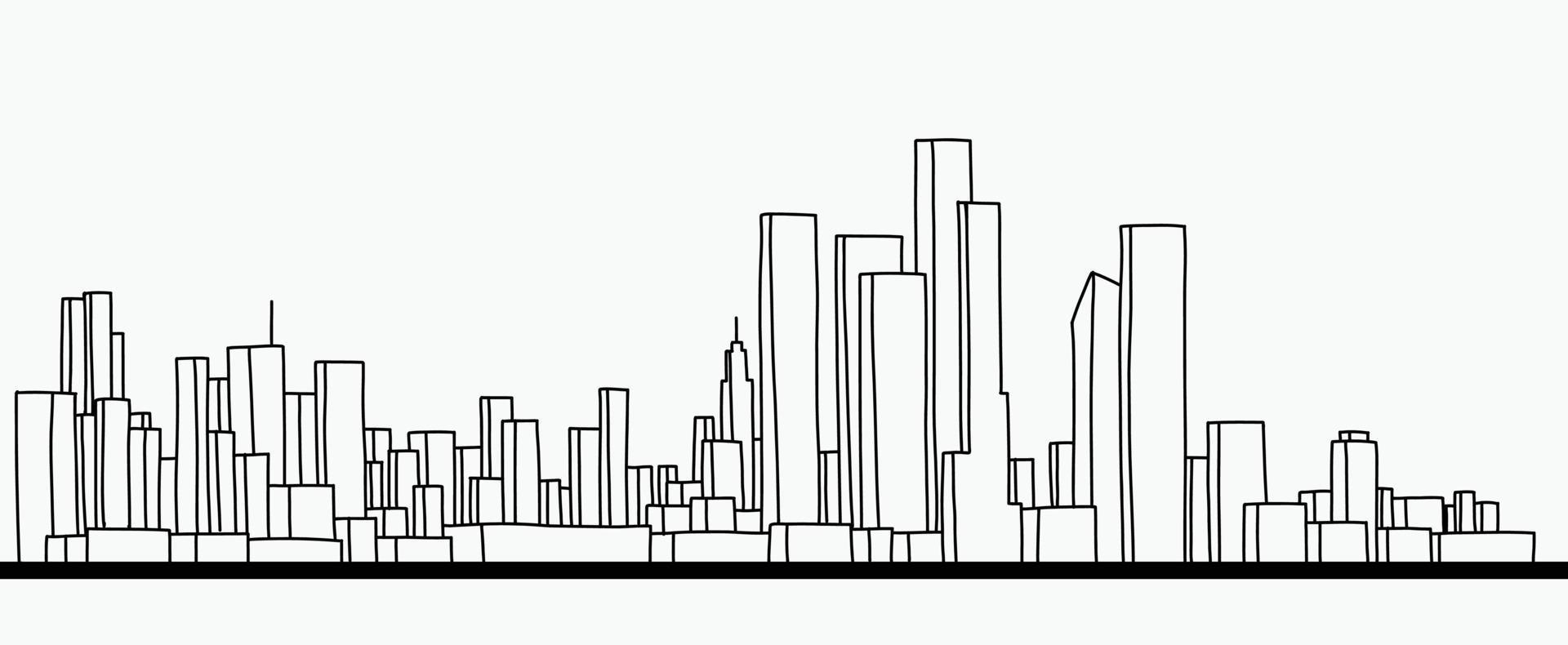 Modern cityscape skyline outline doodle drawing on white background. vector