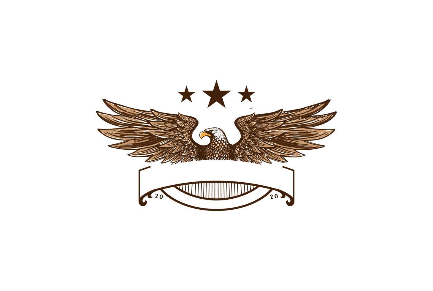 emblema de insignia de halcón de águila americana retro vintage con alas extendidas y vector de diseño de logotipo de cinta