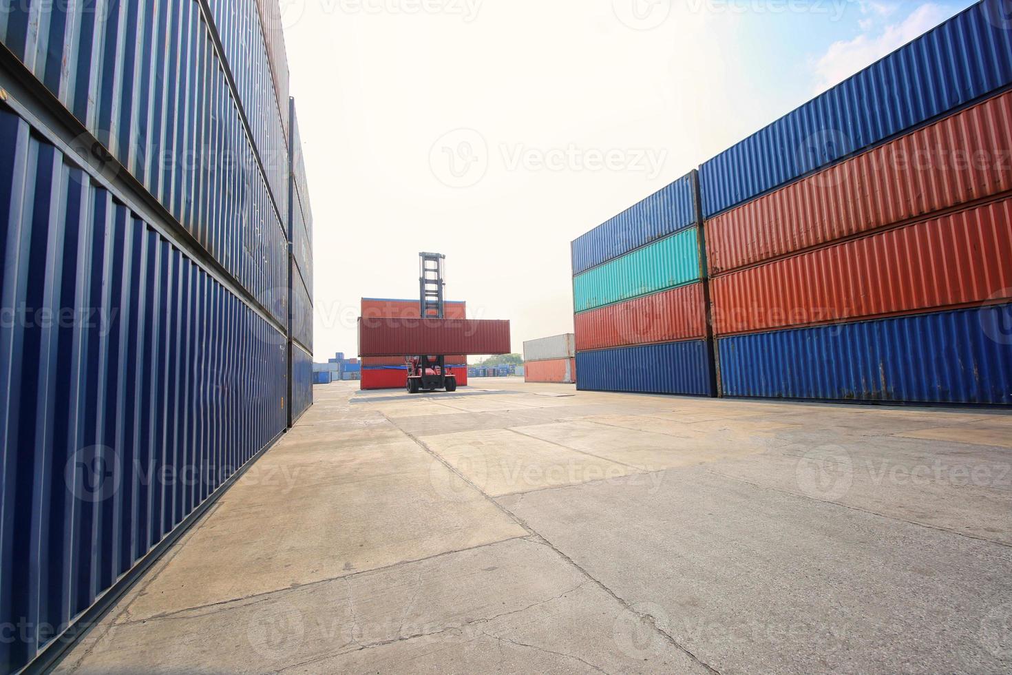 Container Cargo Port Ship Yard Storage Handling of Logistic Transportation Industry. Row of Stacking Containers of Freight Import Export Distribution Warehouse. Shipping Logistics Transport Industrial photo
