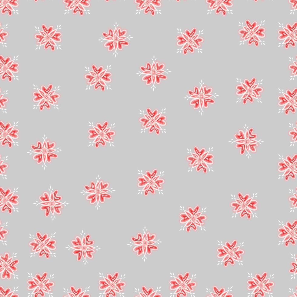 patrón de flores rojas nítidas de forma plana sin costuras, flores de hoja de diseño vectorial con fondo gris. vector