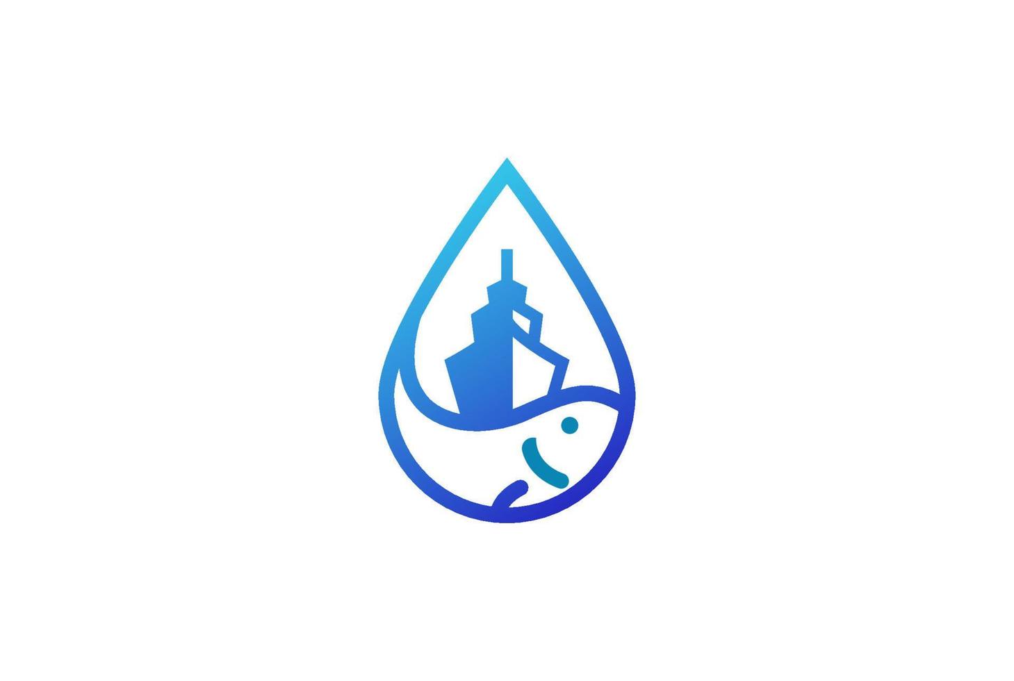Water Drop with Fish and Ship Vessel for Fisherman Logo Design Vector