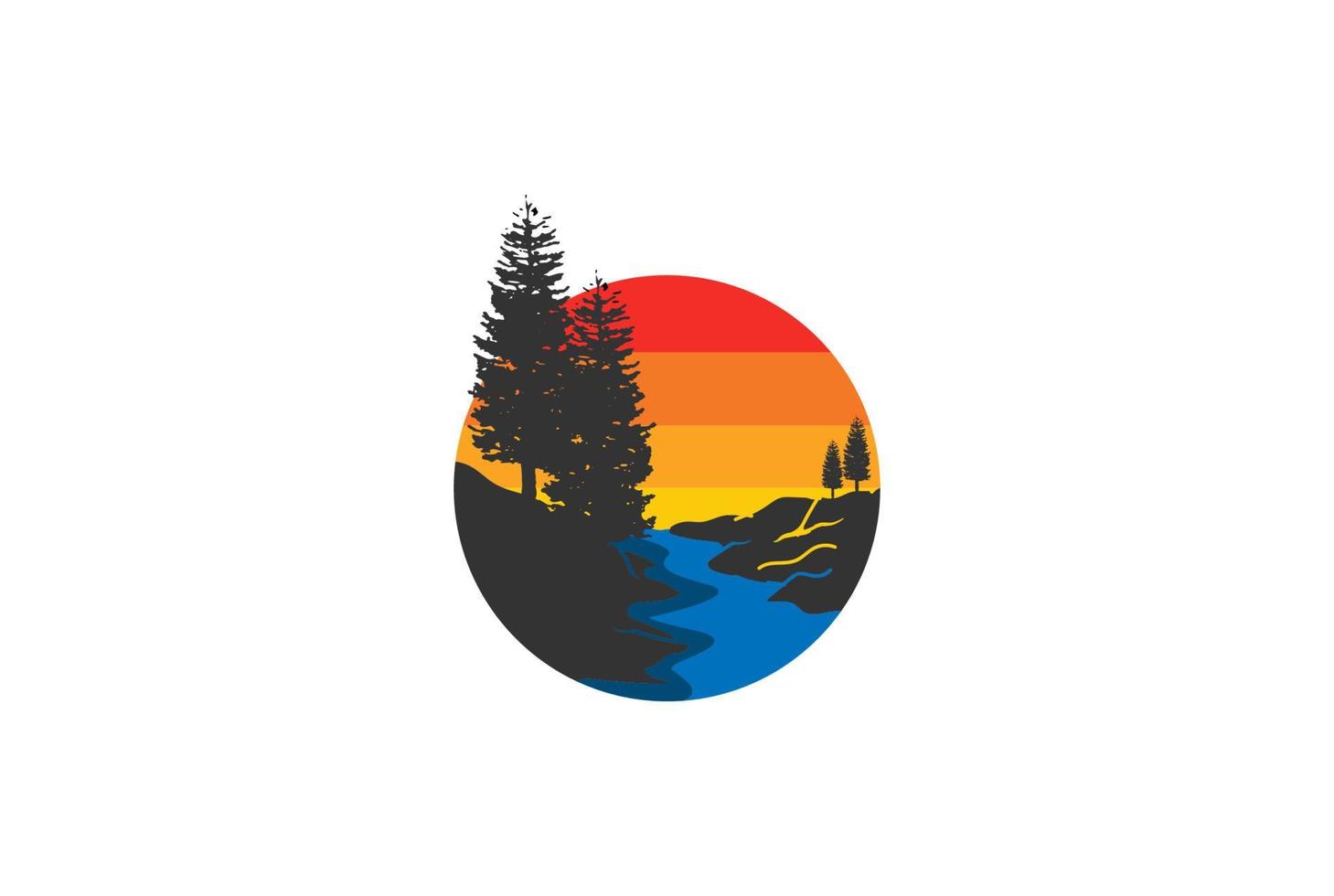 Sunset Pine Evergreen Conifer Cedar Spruce Larch Cypress Fir Trees Forest with River Creek Logo Design Vector