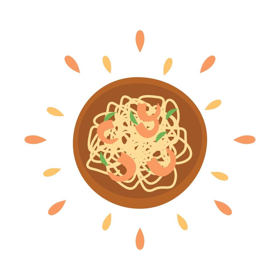 Abstract icon juicy spaghetti with shrimp with splashes isolated on white background - Vector