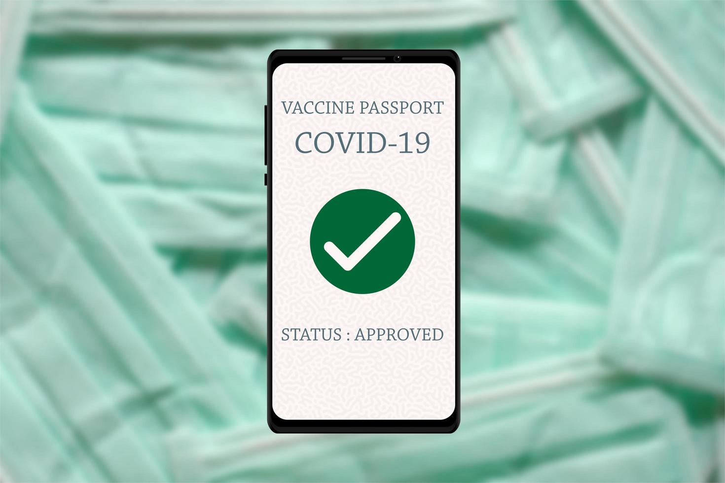 COVID-19 vaccine passport approved by smartphone app test on blurred protective face masks background. Vaccination campaign and new normal prevention lifestyle concept. photo