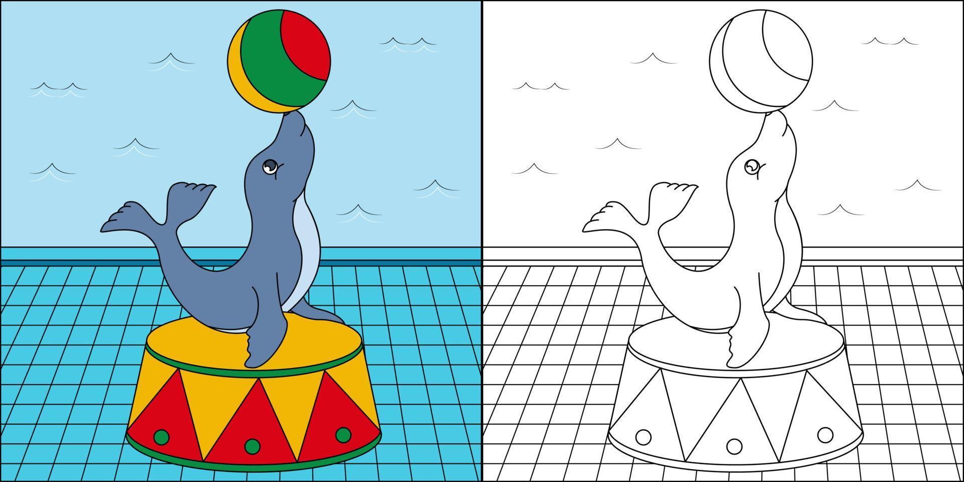 Seal circus show suitable for children's coloring page vector illustration