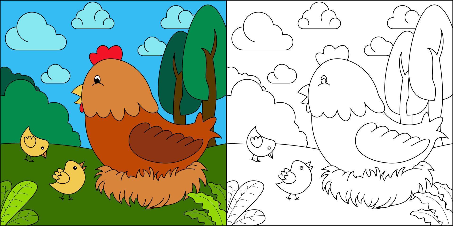 Gallina madre y dos pollitos adecuados para la ilustración vectorial de la página de coloreado de los niños vector