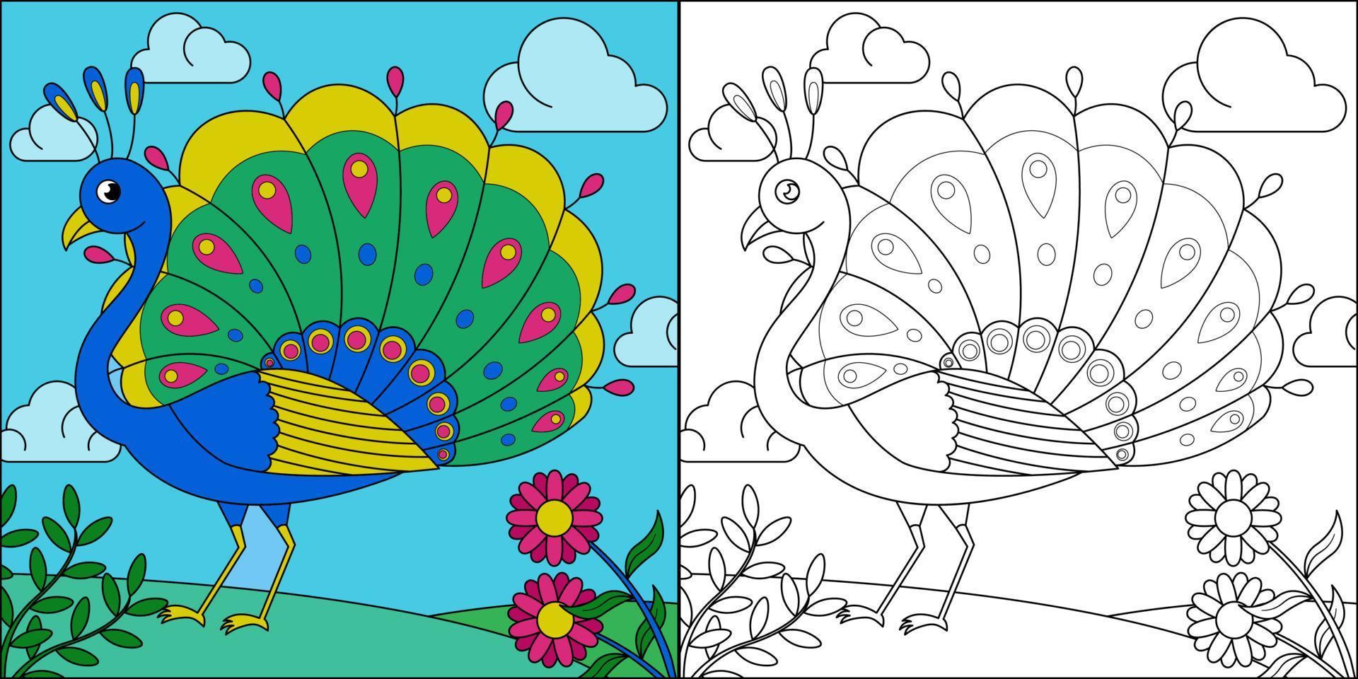 hermoso pavo real adecuado para la ilustración de vector de página para colorear de los niños