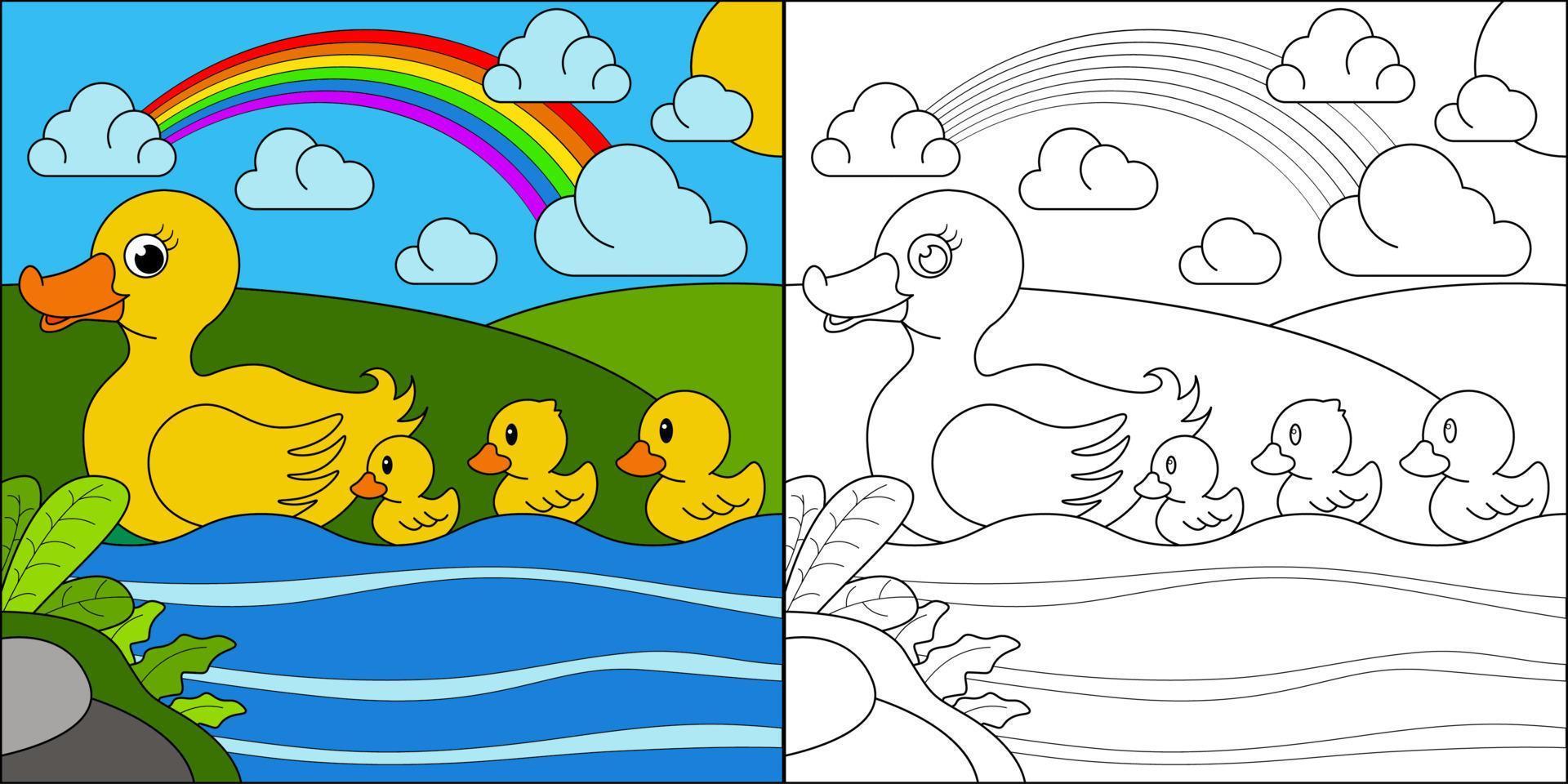 Mother duck with three cubs suitable for children's coloring page vector illustration