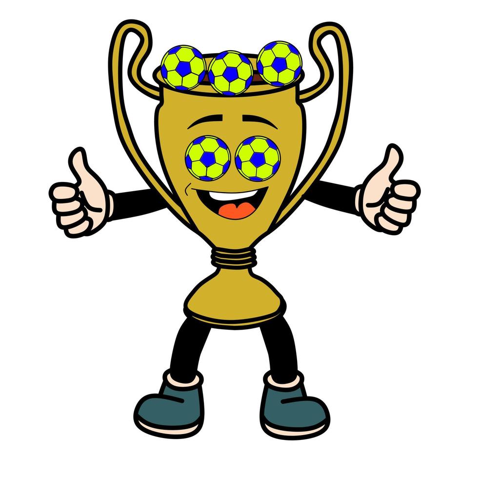 a vector illustration of a cartoon trophy with balls in the eyes and head on a light color background
