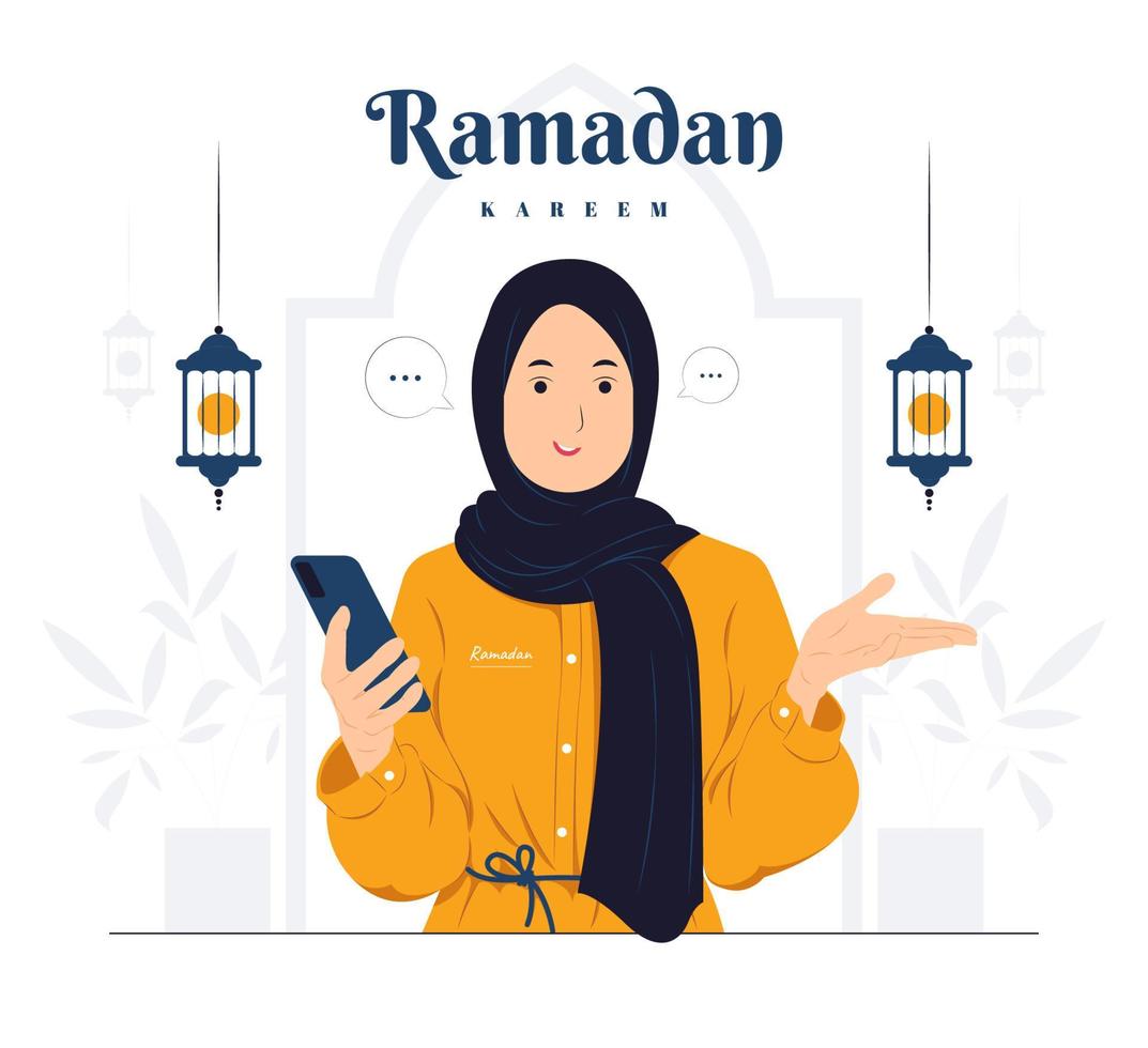 mujer con la mano que sostiene el teléfono inteligente móvil en la ilustración del concepto de ramadan kareem vector