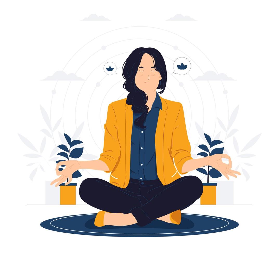 estilo de vida, emociones de la gente, mujer joven sonriente relajada y paciente con los ojos cerrados meditando para calmarse, hacer ejercicios de respiración con las manos en la ilustración del concepto de gesto zen vector