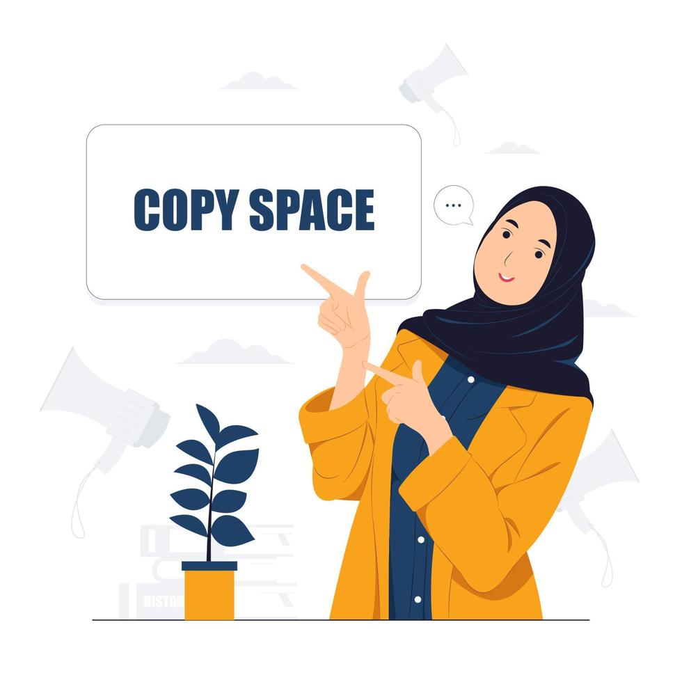 Beautiful Muslim businesswoman with suit showing and pointing fingers upper left and right corner with happy expression advices use this copy space wisely concept illustration vector