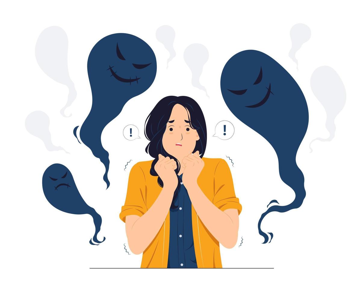 Woman with Schizophrenia, post-traumatic stress mental disorder, shocked, scared, panic, anxiety, frustrated, fear and terrified concept illustration vector